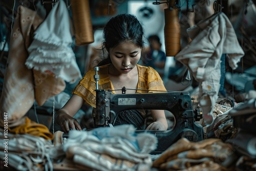 Young girl working in textile factory focused on sewing machine photo