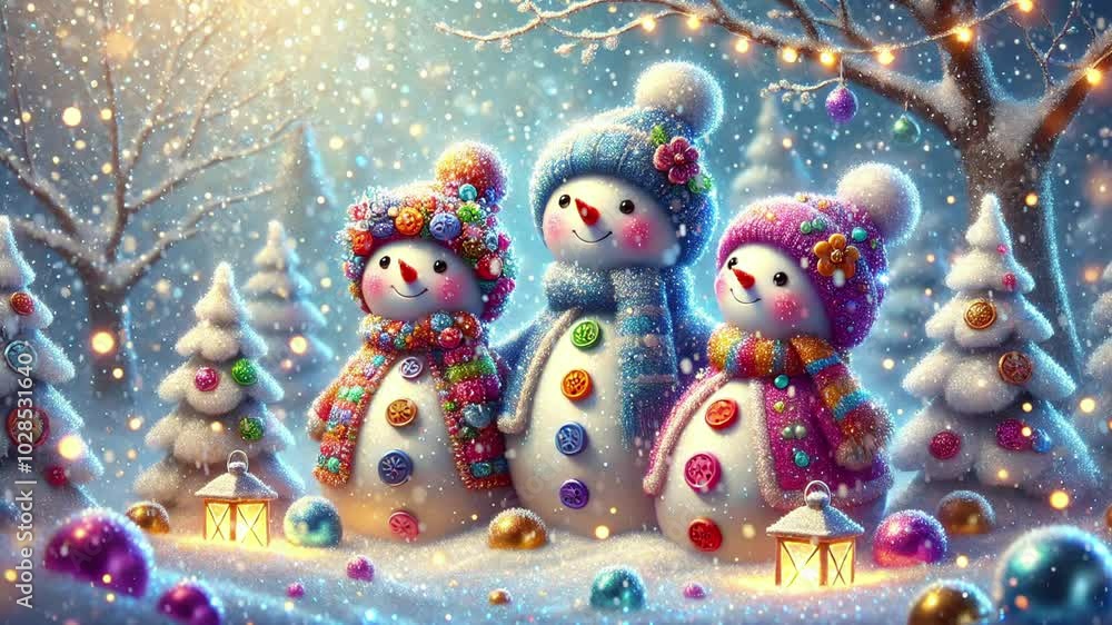 Elegant snowmen on a blue background with falling snow Elegant snowmen on a blue background with falling snow