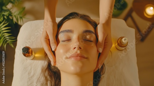 Younger woman receiving a facial treatment while lying on a table in a serene spa environment with calming decor and soothing products