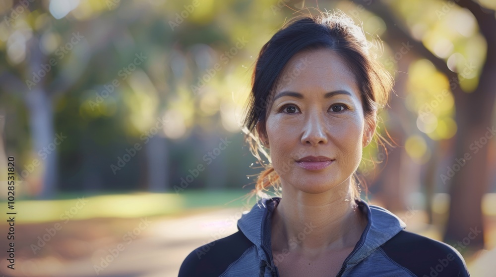 Active Asian woman running on a park trail, focusing on her fitness. Active Asian woman running on a park trail, focusing on her fitness.