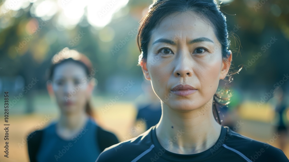 Middle-aged Asian woman running in a scenic park, dressed for a workout. Middle-aged Asian woman running in a scenic park, dressed for a workout.