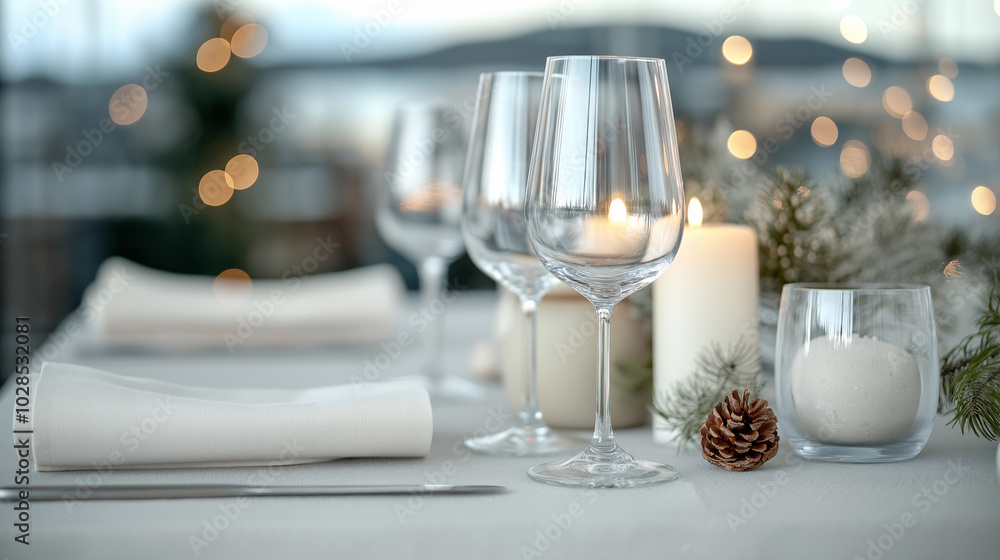 wedding table setting in Christmas time with wine glasses, candles and holiday decoration wedding table setting in Christmas time with wine glasses, candles and holiday decoration