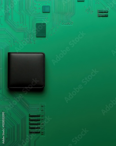 Sleek Black Wallet on Green Circuit Board, Modern Finance and Technology Concept