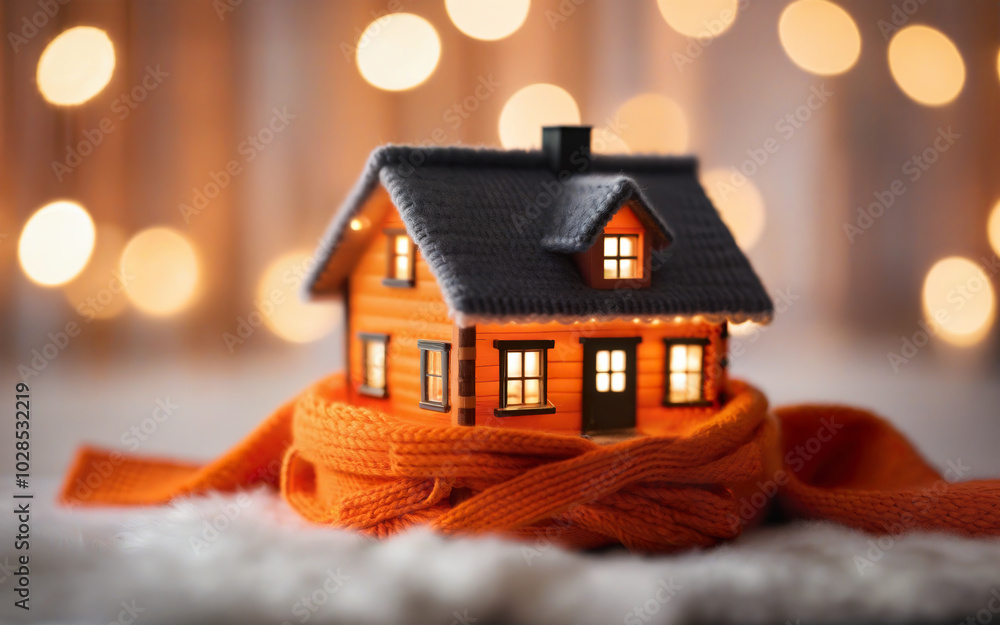home insurance, real estate, property. knitted house on a scarf, concept coziness, protection, on a bokeh background home insurance, real estate, property. knitted house on a scarf, concept coziness, protection, on a bokeh background