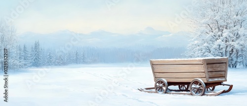 Wallpaper Mural Rustic Wooden Sled in Snowy Winter Landscape, Footprints in the Snow Torontodigital.ca