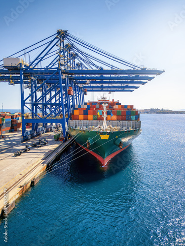 Front view of a large container cargo vessel beeing loaded and unloaded by large cranes in a commercial harbor terminal