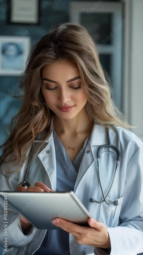 A woman in a white lab coat is holding a tablet. She has a friendly and approachable demeanor A woman in a white lab coat is holding a tablet. She has a friendly and approachable demeanor