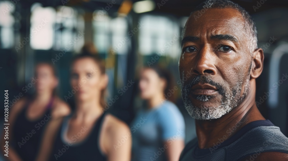 Strong, middle-aged male coach posing in a gym, showcasing fitness expertise. Strong, middle-aged male coach posing in a gym, showcasing fitness expertise.