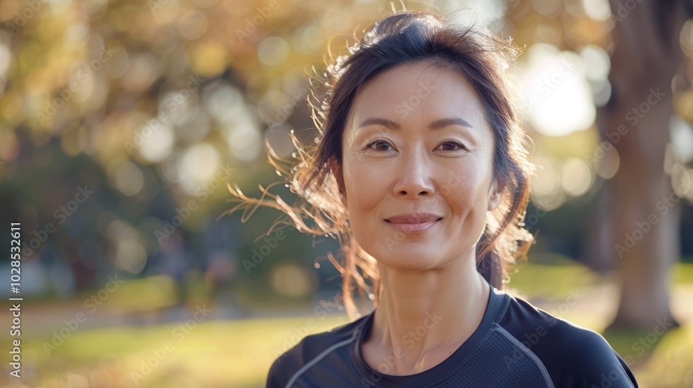 Fit Asian woman in her 40s running in a park, embracing a healthy lifestyle.