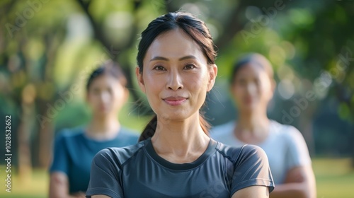 Asian woman in sportswear running through the park, looking fit and focused.