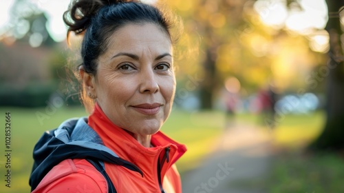 Portrait of a middle-aged Latino woman running, dressed in stylish sports attire.