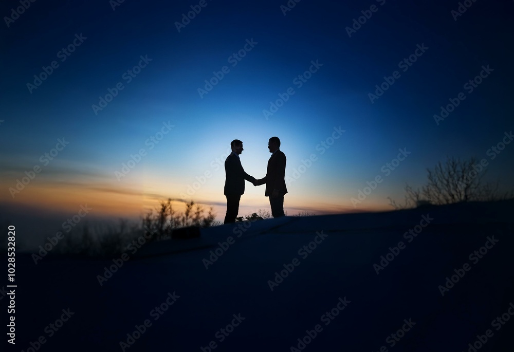 Two men stand in silhouette, shaking hands against a dusky sky. Two men stand in silhouette, shaking hands against a dusky sky.