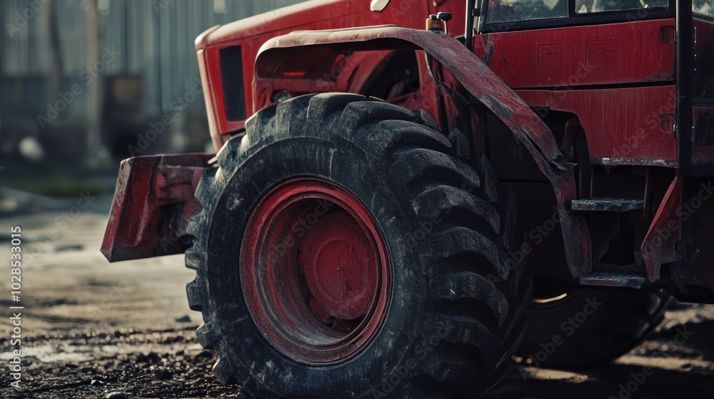Close-up of a Red Tractor's Front Tire and Fender Close-up of a Red Tractor's Front Tire and Fender