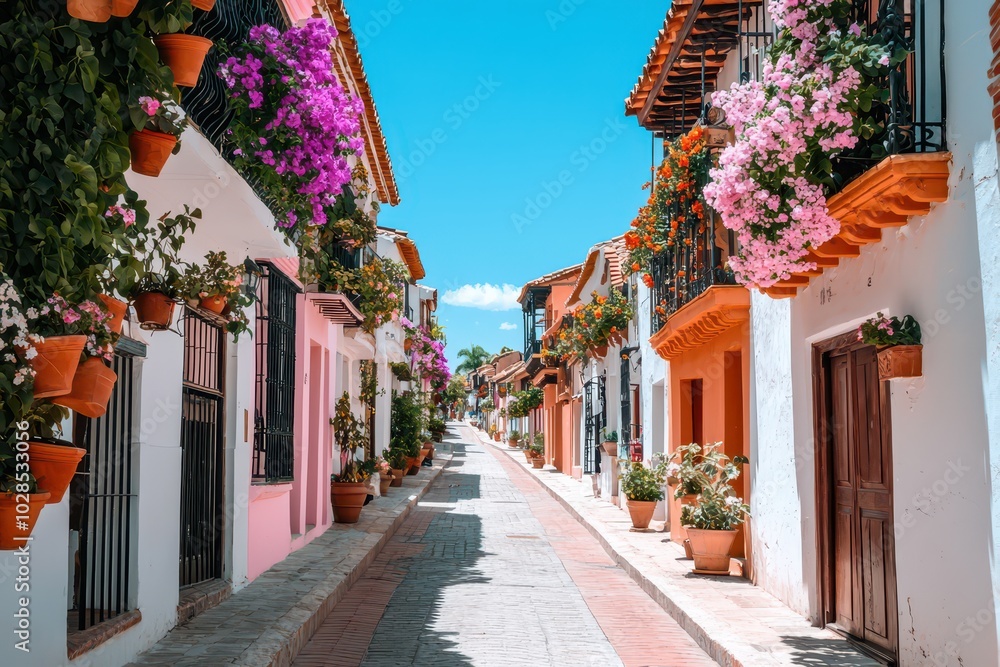 Fototapeta premium Charming street lined with vividly colored houses showcasing vibrant facades in a picturesque neighborhood.