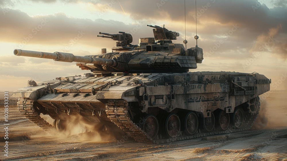 A military tank on a battlefield, showcasing its design and combat readiness. A military tank on a battlefield, showcasing its design and combat readiness.