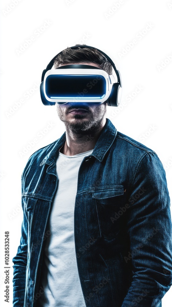 modern man wearing a high-tech virtual reality headset, immersed in a digital experience, symbolizing the future of technology and immersive entertainment. modern man wearing a high-tech virtual reality headset, immersed in a digital experience, symbolizing the future of technology and immersive entertainment.