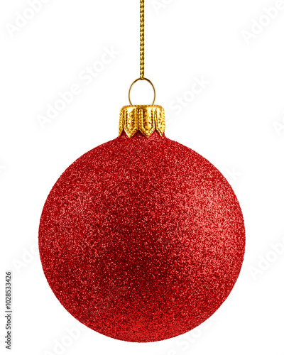Christmas Ball, red bauble, isolated on white background, full depth of field