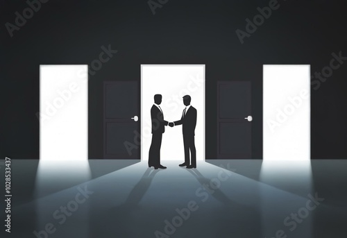 Two men in suits shake hands in a dark room with three doors. One door is open to a bright light.