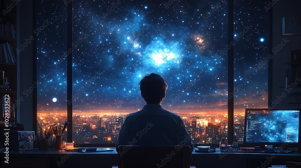 A man sits at his desk, looking out a window at a starry night sky, the city lights twinkling below. A man sits at his desk, looking out a window at a starry night sky, the city lights twinkling below.