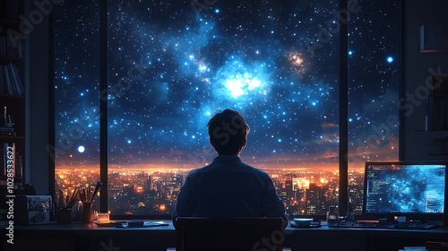 A man sits at his desk, looking out a window at a starry night sky, the city lights twinkling below.