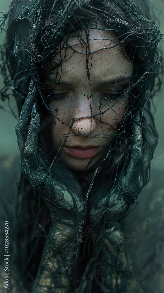 A Woman Wrapped in Shadows: A Melancholy Portrait A Woman Wrapped in Shadows: A Melancholy Portrait