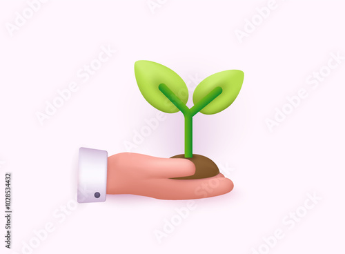 Giving hand with young plant in soil. Nature protection and conservation, care of green environment, sustainable growth, ecology concept. 3D Web Vector Illustrations.