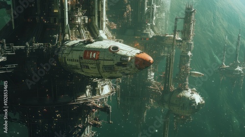 Fototapeta Naklejka Na Ścianę i Meble -  Spaceship docking with a large, futuristic space station