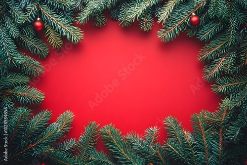 Spruce branches and red ornaments on red background for Christmas celebration