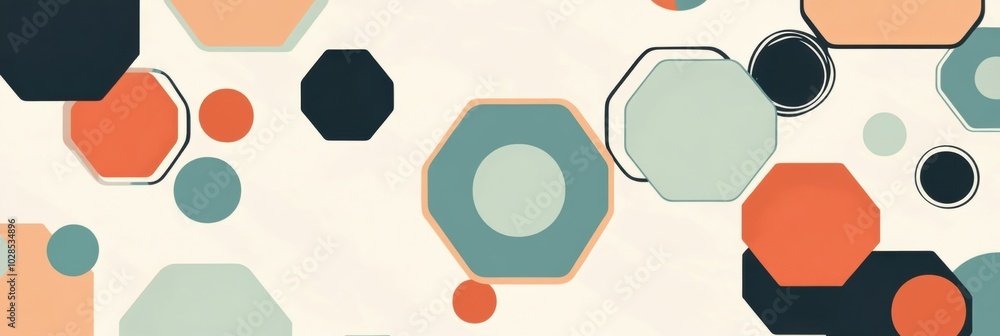 Geometric Harmony, Flat illustration featuring a dynamic pattern of hexagons and circles in contemporary design, vibrant color palette, modern aesthetic Geometric Harmony, Flat illustration featuring a dynamic pattern of hexagons and circles in contemporary design, vibrant color palette, modern aesthetic