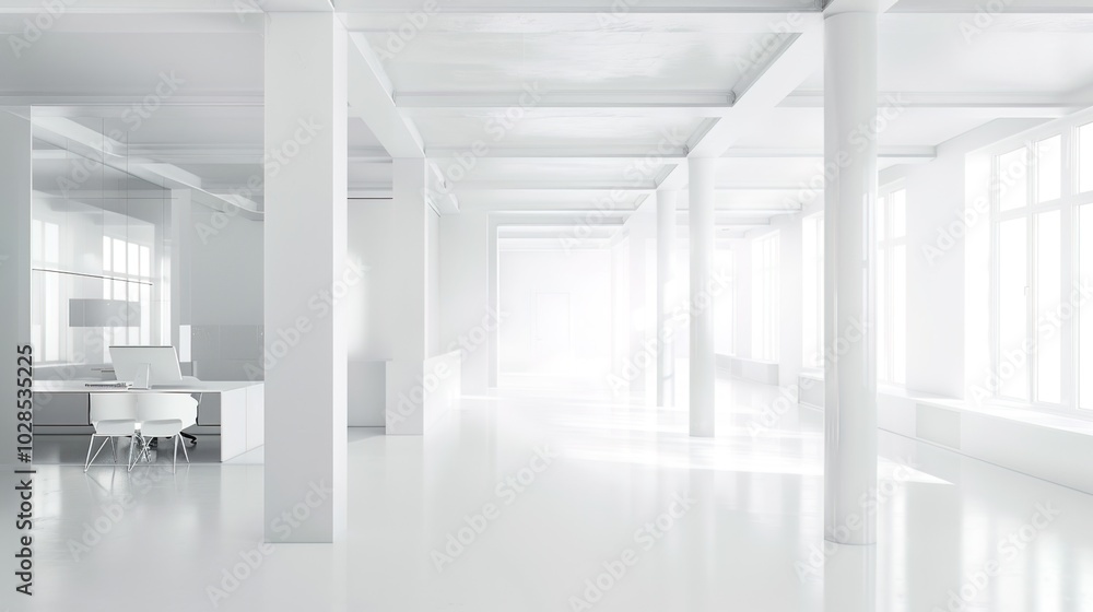 A modern office layout showcasing multiple workstations with sleek white tables and gray upholstered booth seating, designed for a contemporary and efficient work environment