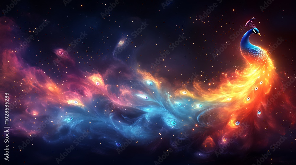 A vibrant peacock with a fiery tail, its feathers resembling a nebula filled with stars. A vibrant peacock with a fiery tail, its feathers resembling a nebula filled with stars.
