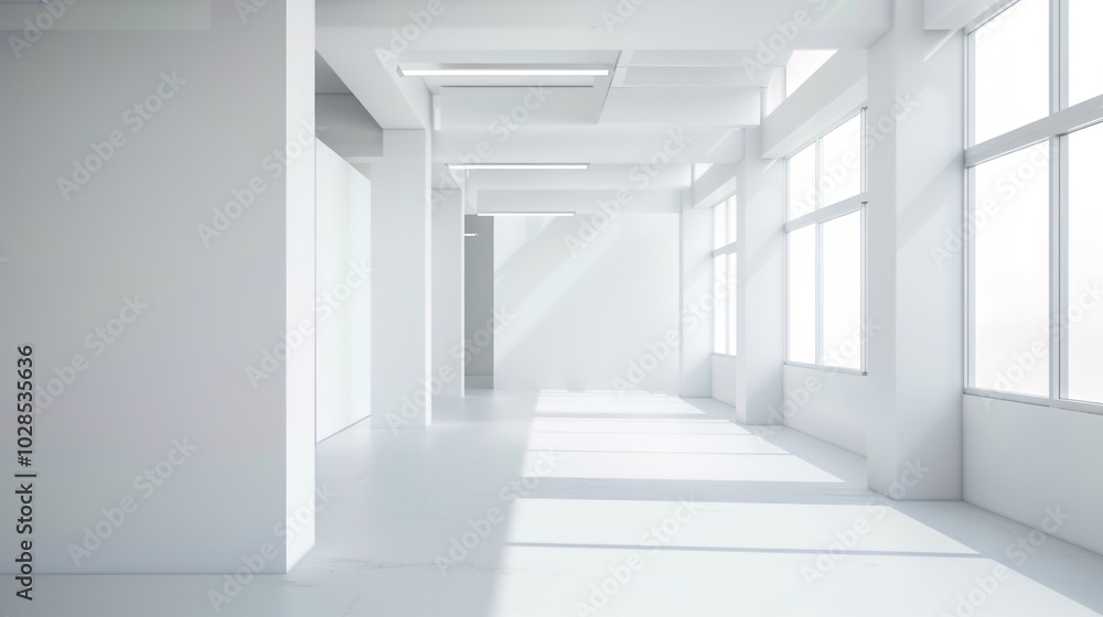 A modern office layout showcasing multiple workstations with sleek white tables and gray upholstered booth seating, designed for a contemporary and efficient work environment