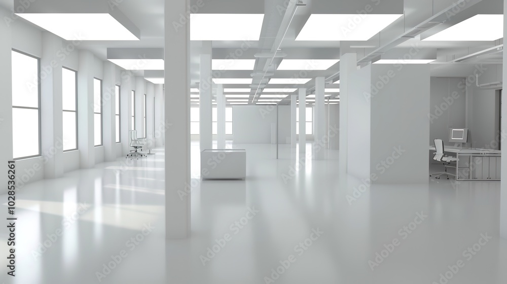 A modern office layout showcasing multiple workstations with sleek white tables and gray upholstered booth seating, designed for a contemporary and efficient work environment