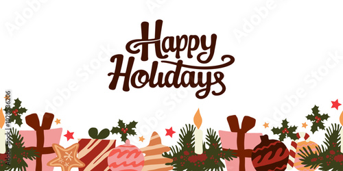 Festive  vector illustration with holiday elements including gifts, candles, ornaments and Happy Holidays text. Perfect for greeting cards, seasonal designs, and winter celebrations.