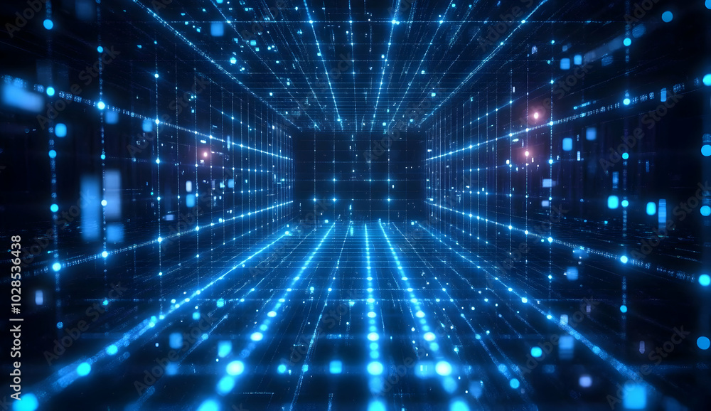 Blue Digital Grid Background with Glowing Lights Blue Digital Grid Background with Glowing Lights