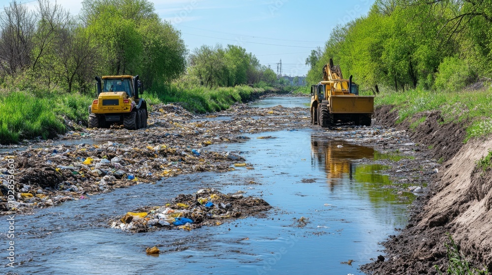Excavators Cleaning a River Choked with Trash Excavators Cleaning a River Choked with Trash