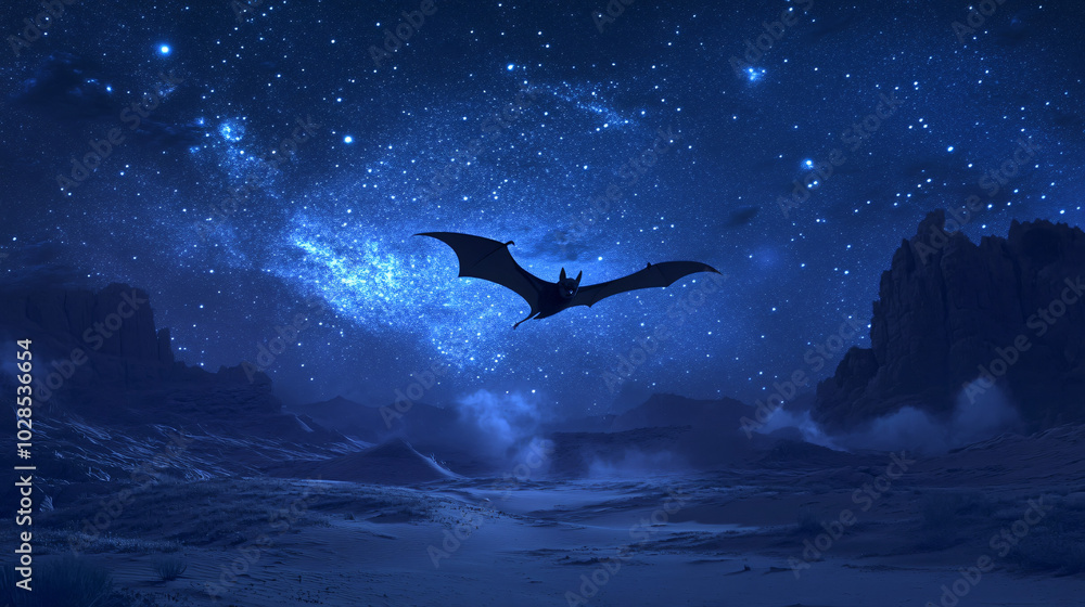 Fototapeta premium A bat flying across a vast desert under a starry night sky.
