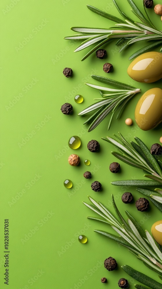Fototapeta premium Fresh Rosemary and Black Peppercorns on Green Background