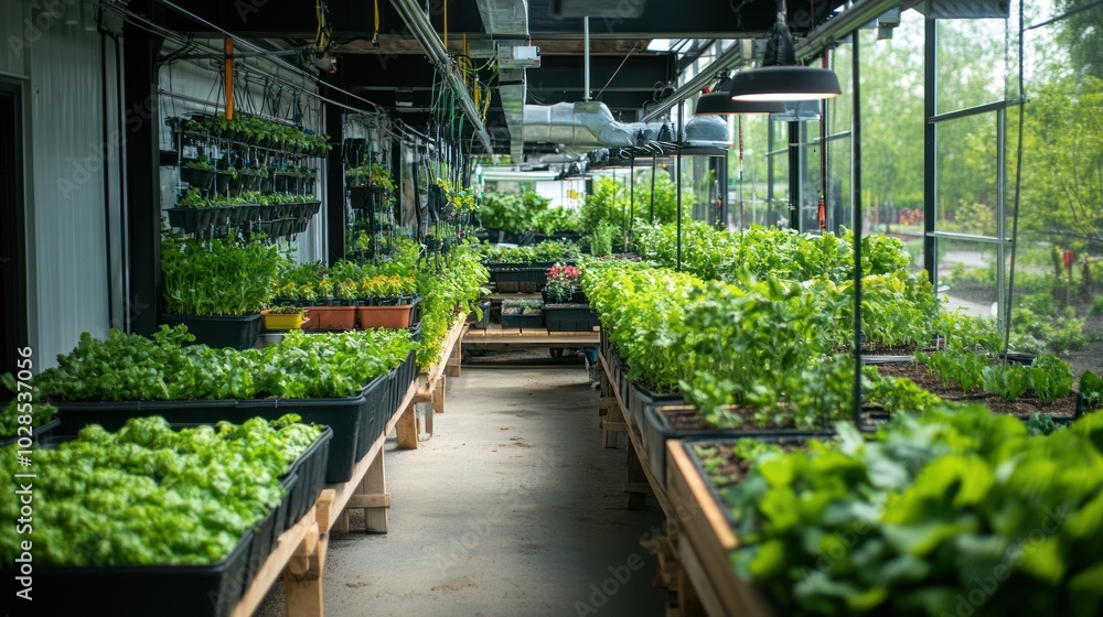 Rows of leafy plants in a greenhouse setting Rows of leafy plants in a greenhouse setting