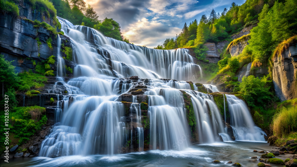 Obraz premium Starry Night with Shooting Stars and Luminous Moon. Perfect for: Night festivals, Astronomical events, Outdoor retreats