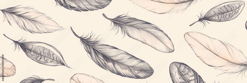 Feathered Elegance, a flat illustration pattern featuring hand-drawn feathers in soft, neutral tones for a serene and stylish aesthetic Feathered Elegance, a flat illustration pattern featuring hand-drawn feathers in soft, neutral tones for a serene and stylish aesthetic