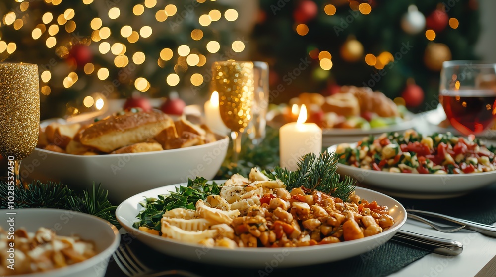 Merry Christmas in glittering gold letters floating above a festive dinner table, filled with holiday food and warm candlelight Merry Christmas in glittering gold letters floating above a festive dinner table, filled with holiday food and warm candlelight