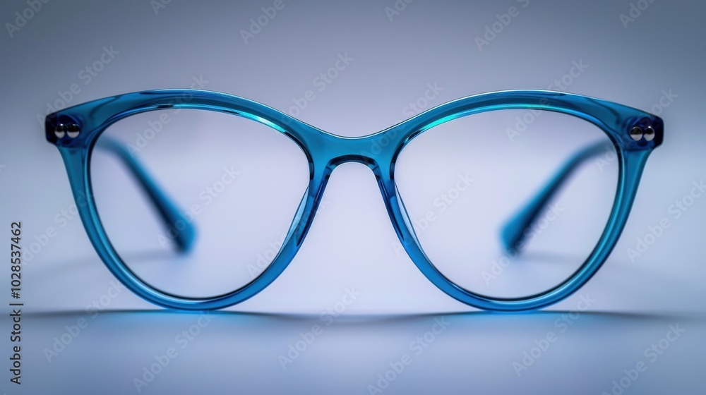 A pair of stylish blue eyeglasses displayed against a soft gradient background. A pair of stylish blue eyeglasses displayed against a soft gradient background.