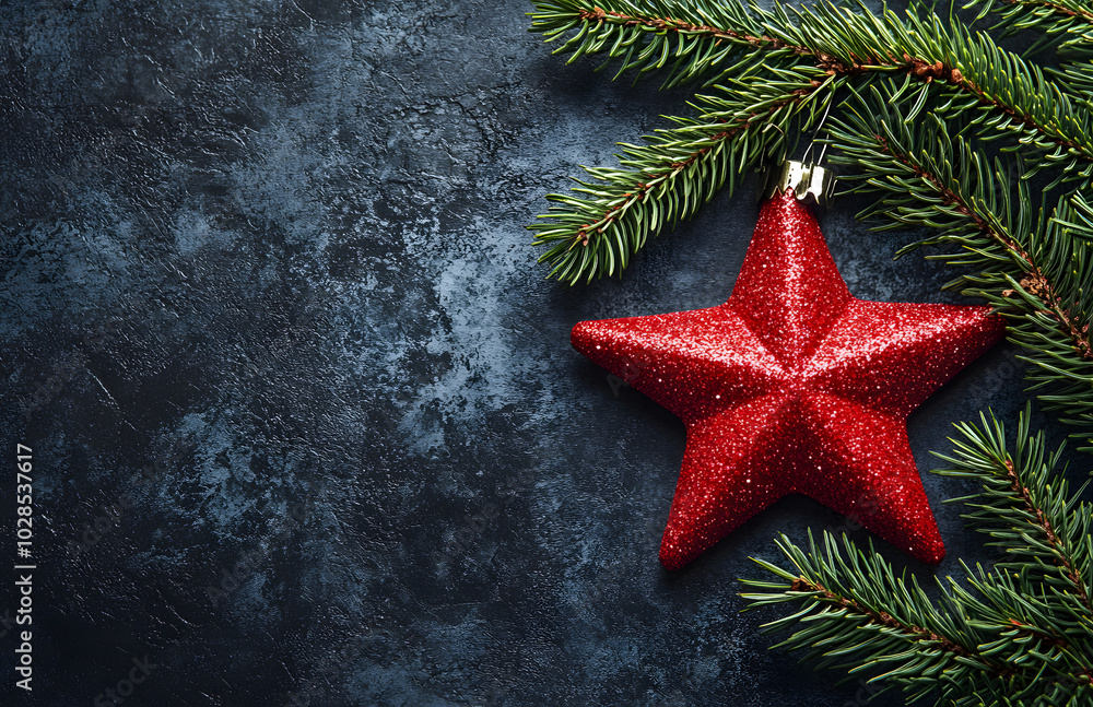 Festive Christmas background with pine branches, red stars, and decorations on dark grey stone table, wide-angle photo Festive Christmas background with pine branches, red stars, and decorations on dark grey stone table, wide-angle photo