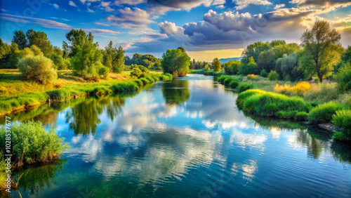 Serene river setting, meandering waterway, vibrant natural elements, clean, clear colors, and minimalistic beauty