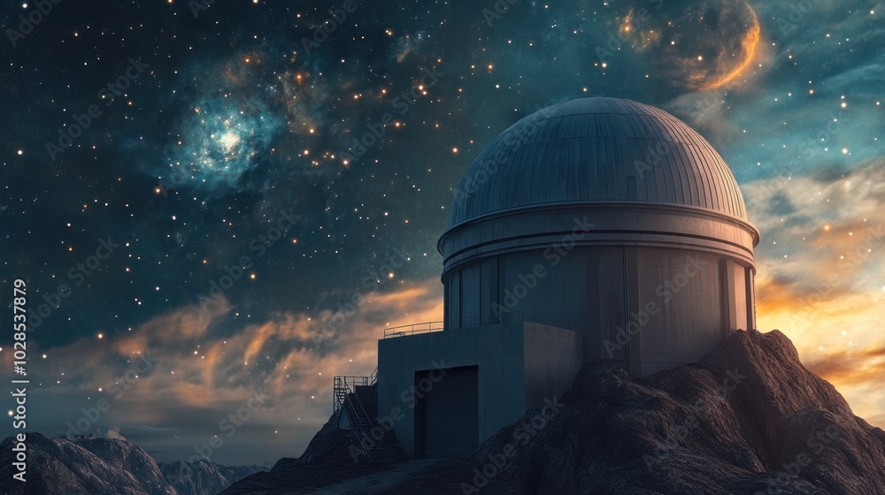 Obraz premium Observatory on a Mountain Peak under a Starry Sky