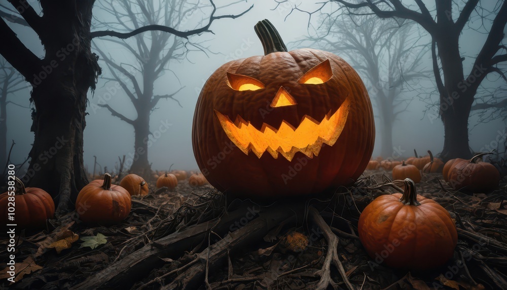 Spooky Halloween Festival 2024: Jack-o'-Lantern Display in Foggy Forest Spooky Halloween Festival 2024: Jack-o'-Lantern Display in Foggy Forest