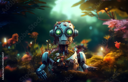 A rusted, overgrown robot with glowing green eyes stares forward, its body covered in moss and debris.