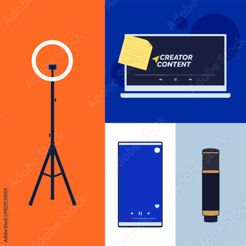 Vector design of creator tools for creating social media content. There are ring light, laptop, smartphone, note and microphone elements. Background with checkered layout