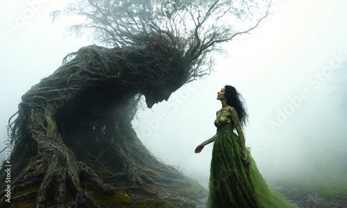 A mystical encounter between a woman and a tree spirit in fog.